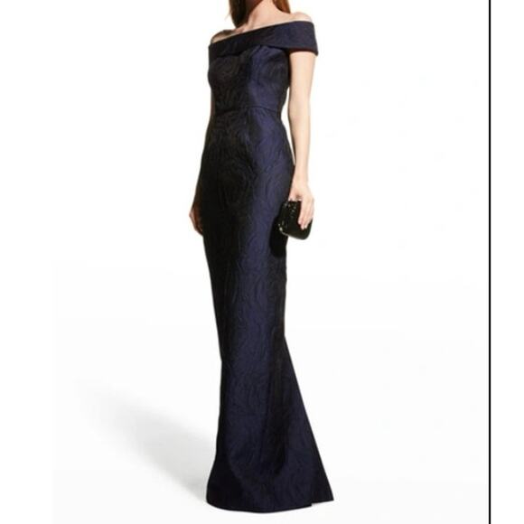 Teri Jon Rickie Freeman Navy Off Shoulder Jacquard Gown Formal Dress 6 Wedding - Picture 4 of 15